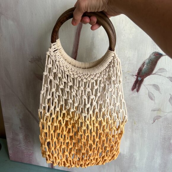 Macramé Handbag Wooden Handle Ombre Beach Bag Boho Chic Retro - Picture 3 of 10